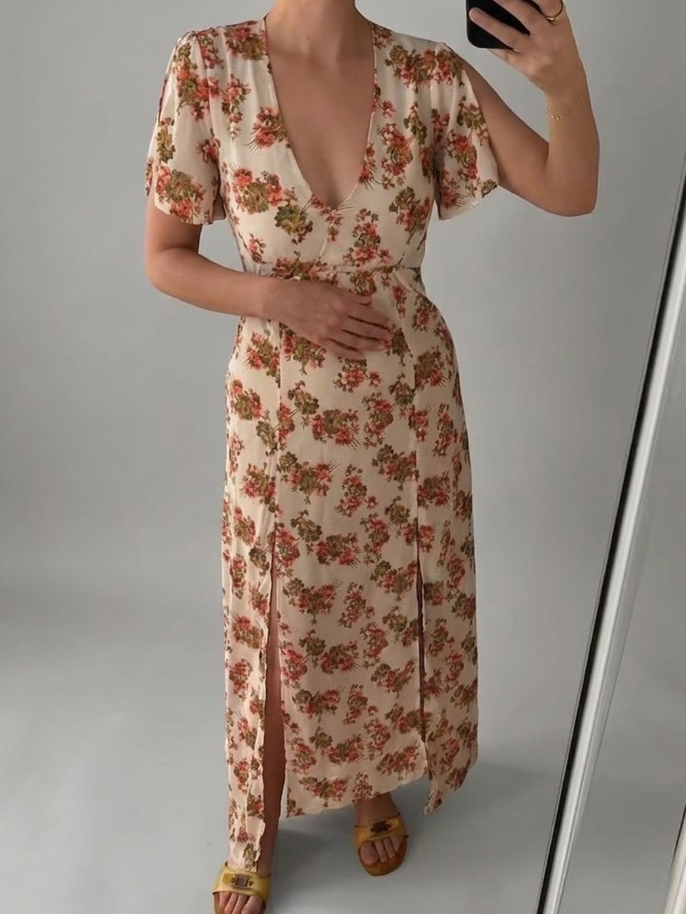 NIGHTWALKER Cream Maxi Dress with Orange & Green Floral Print